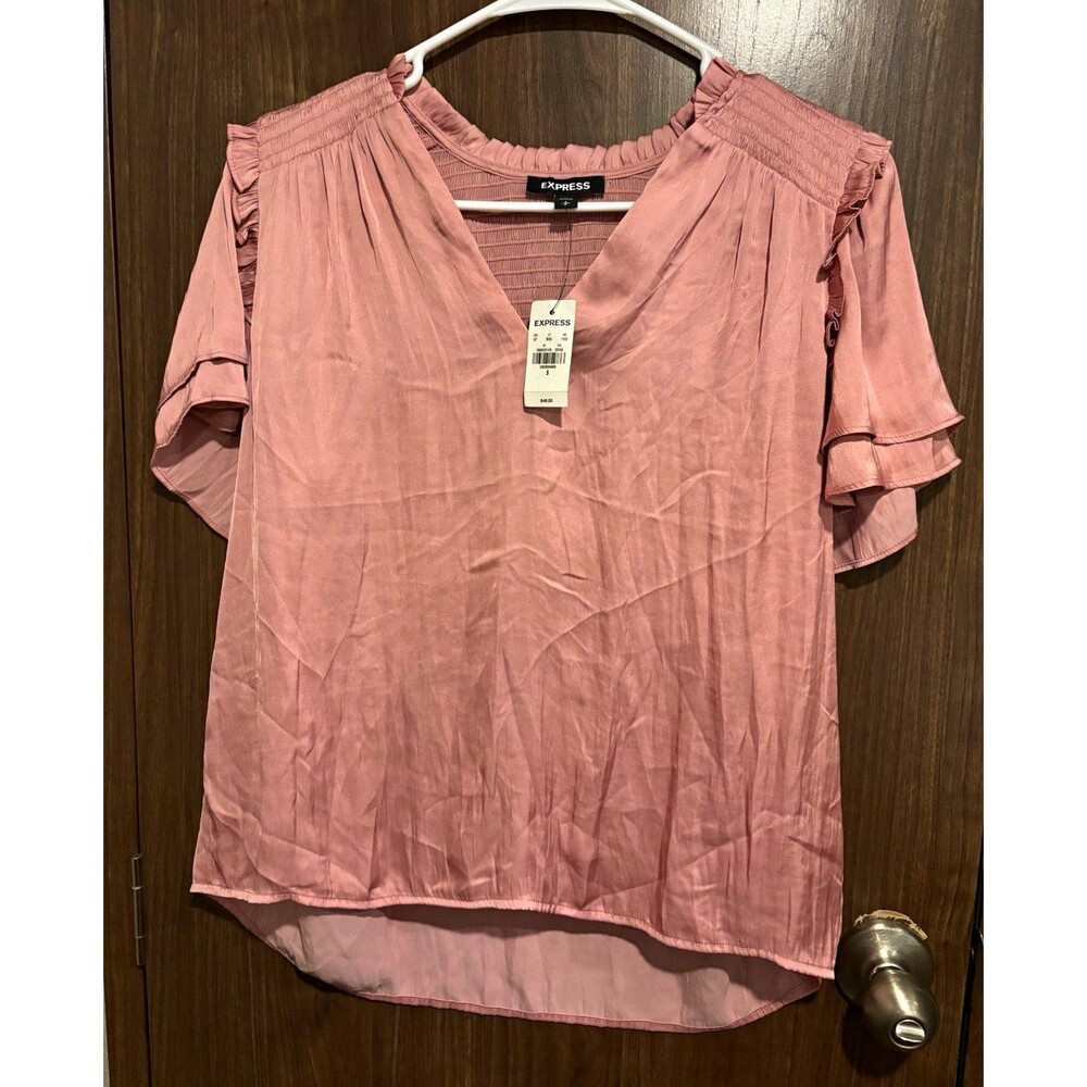 Express Dusty Rose V-Neck Smocked Ruffle Flutter Sleeve Chiffon Blouse Size S